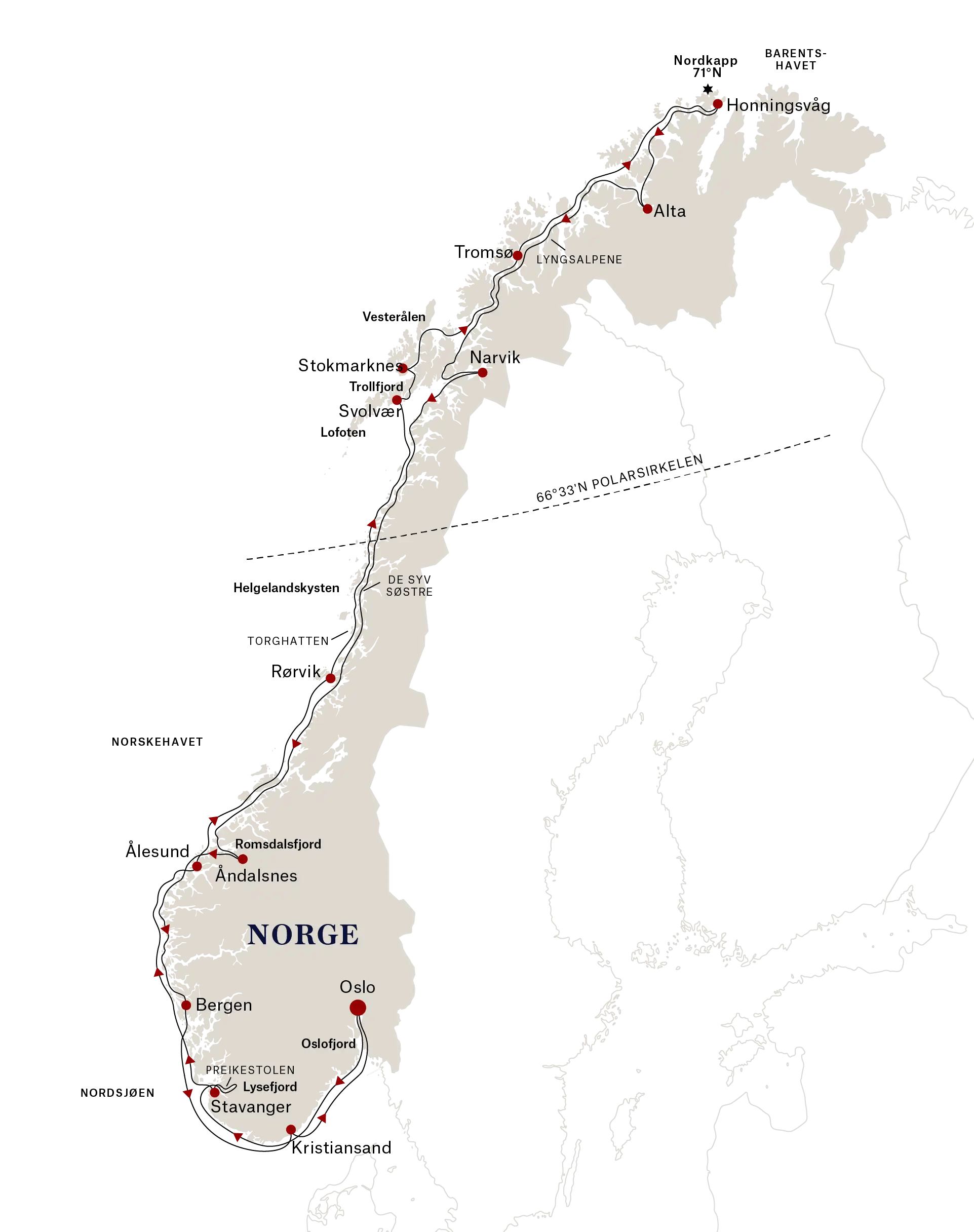 Kart over seilingsrute nordkapplinjen