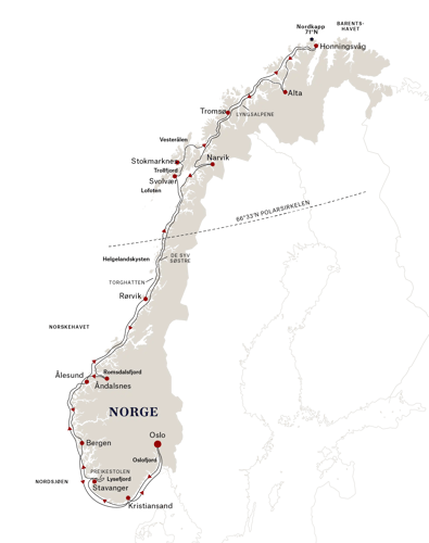 Nordkapplinjen – vintercruise langs norskekysten – seilingskart