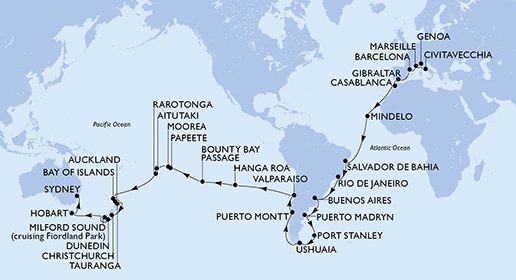 Jorden rundt, del 1: Civitavecchia–Sydney med MSC Magnifica