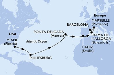 Miami–Barcelona over Atlanterhavet 2028 med MSC Seashore