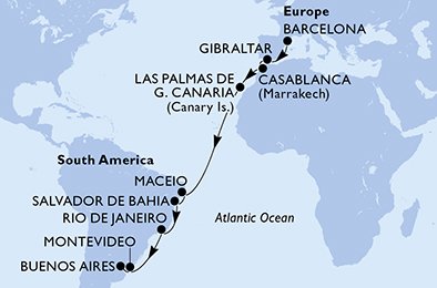 Barcelona–Buenos Aires over Atlanterhavet, 18 netter med MSC Splendida