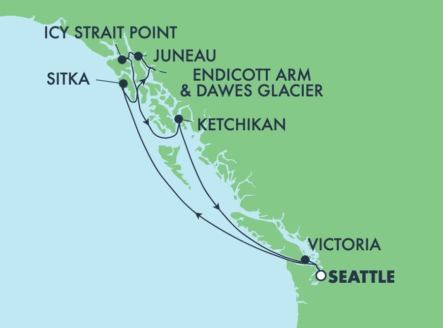 Kart seilingsrute NCL bliss til Alaska