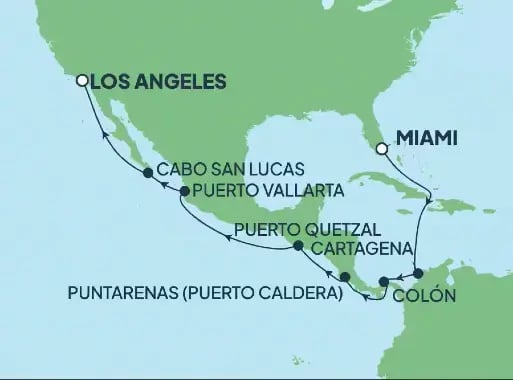 Panamakanalen fra Miami til Los Angeles – seilingskart