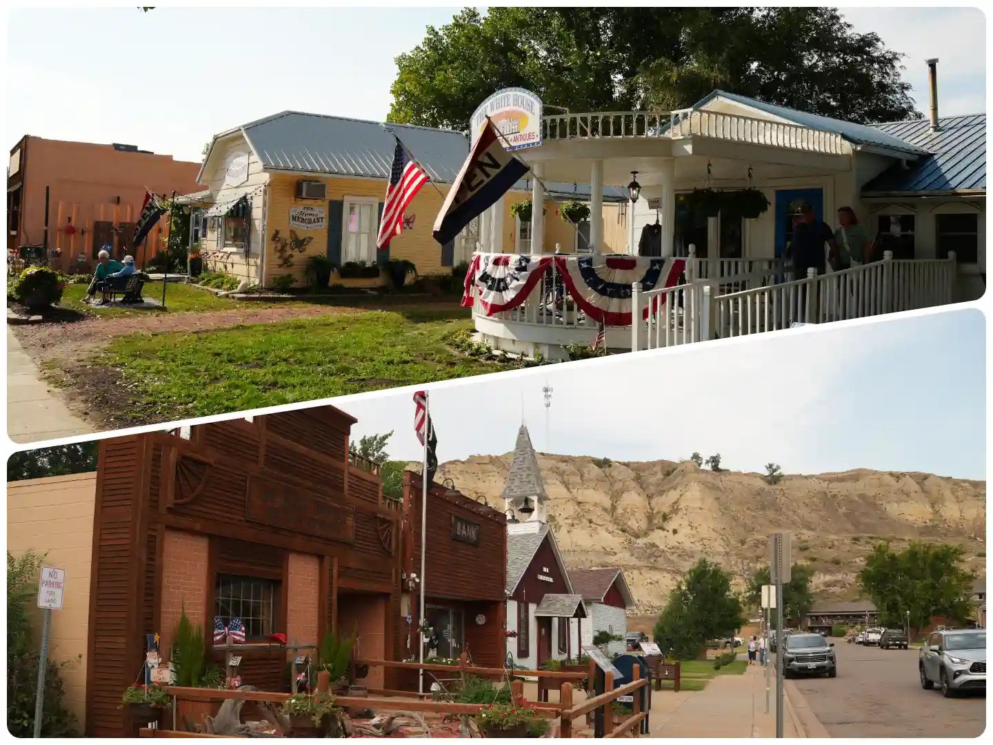 is a collage of three different scenes. The top left shows a building with a blue and white sign that reads 'MARTIN'S', decorated with a large American flag and a garland of red, white, and blue ribbons.