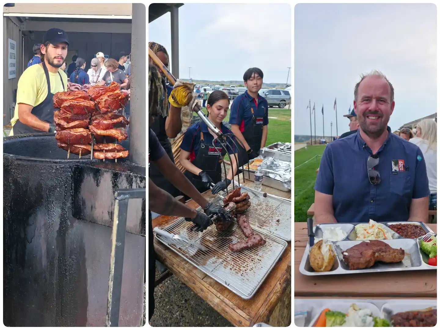 The first photo shows a person grilling ribs with a large grill in the background, surrounded by a crowd. The second photo features two individuals grilling meat on a smaller grill at an outdoor event.