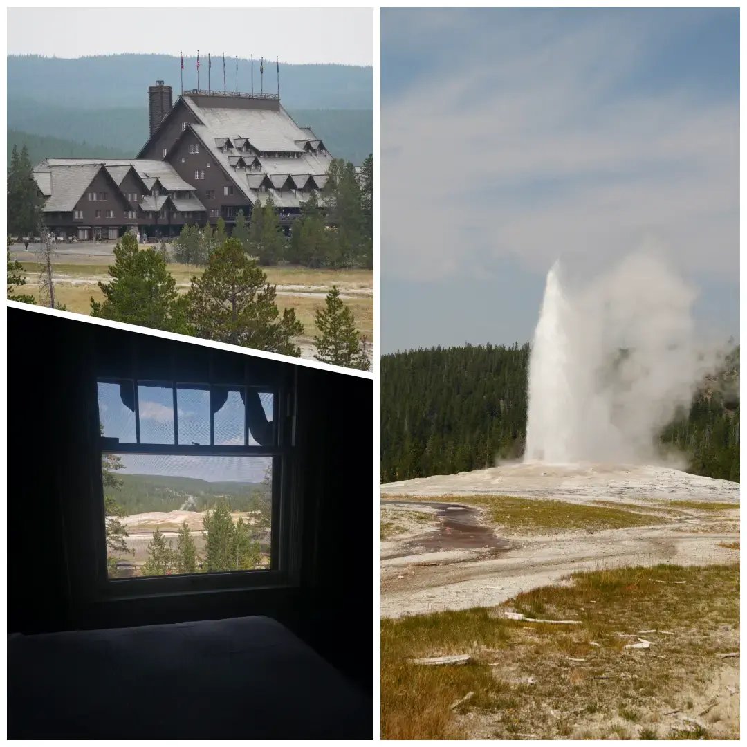 s a split view with two different scenes. On the left, there is a large wooden building with multiple chimneys set in a green valley with trees in the background. On the right, there is a geyser erupting hot water and steam into the air above a natural landscape with a geothermal pool