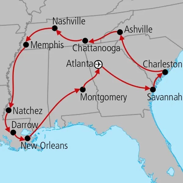 Kart over kjørerute på dette reiseforslaget
