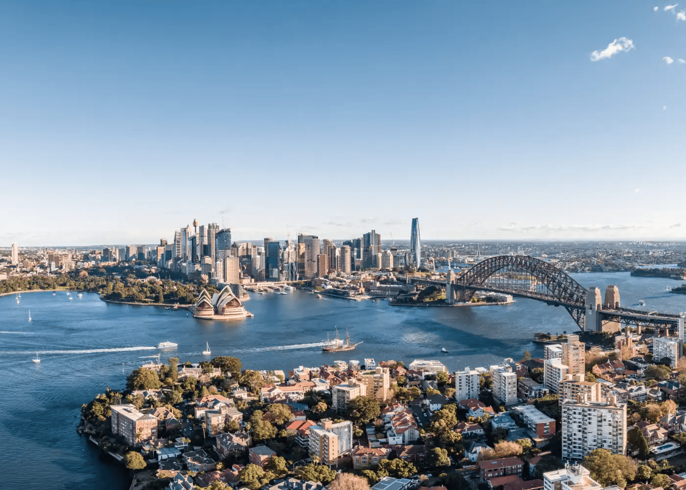 Oversikts bilde over Sydney Harbour med skyskrapere, opera hus og Harbour Bridge.