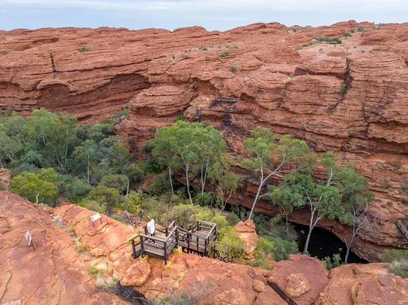 Flyfoto av kanten av Kings Canyon med røde sandsteinsklipper og grønn kløftbunn.