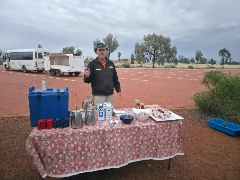 an outdoor setting with a table covered in a pink tablecloth filled with various cooking items and utensils. A person stands beside the table, and in the background, there is a white van and a landscape that appears to be a dry, flat terrain with some vegetation.