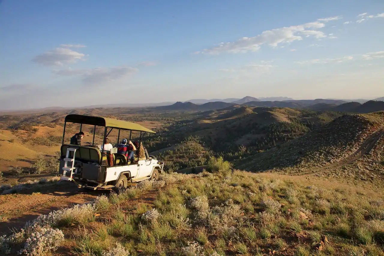 Safaribil på en åsrygg over Flinders Ranges i kveldslys.