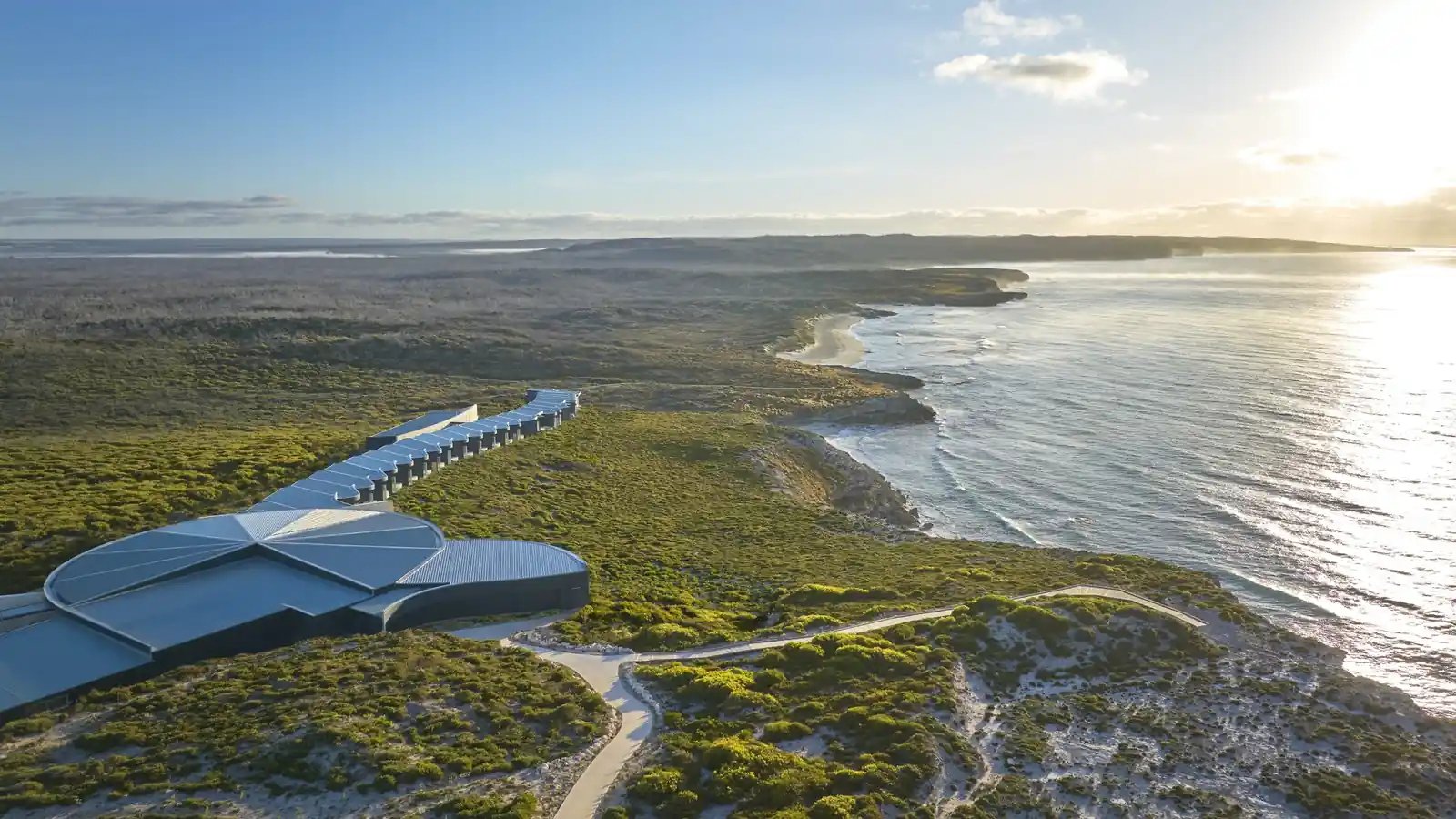 Flyfoto av lodgen på kysten av Kangaroo Island.