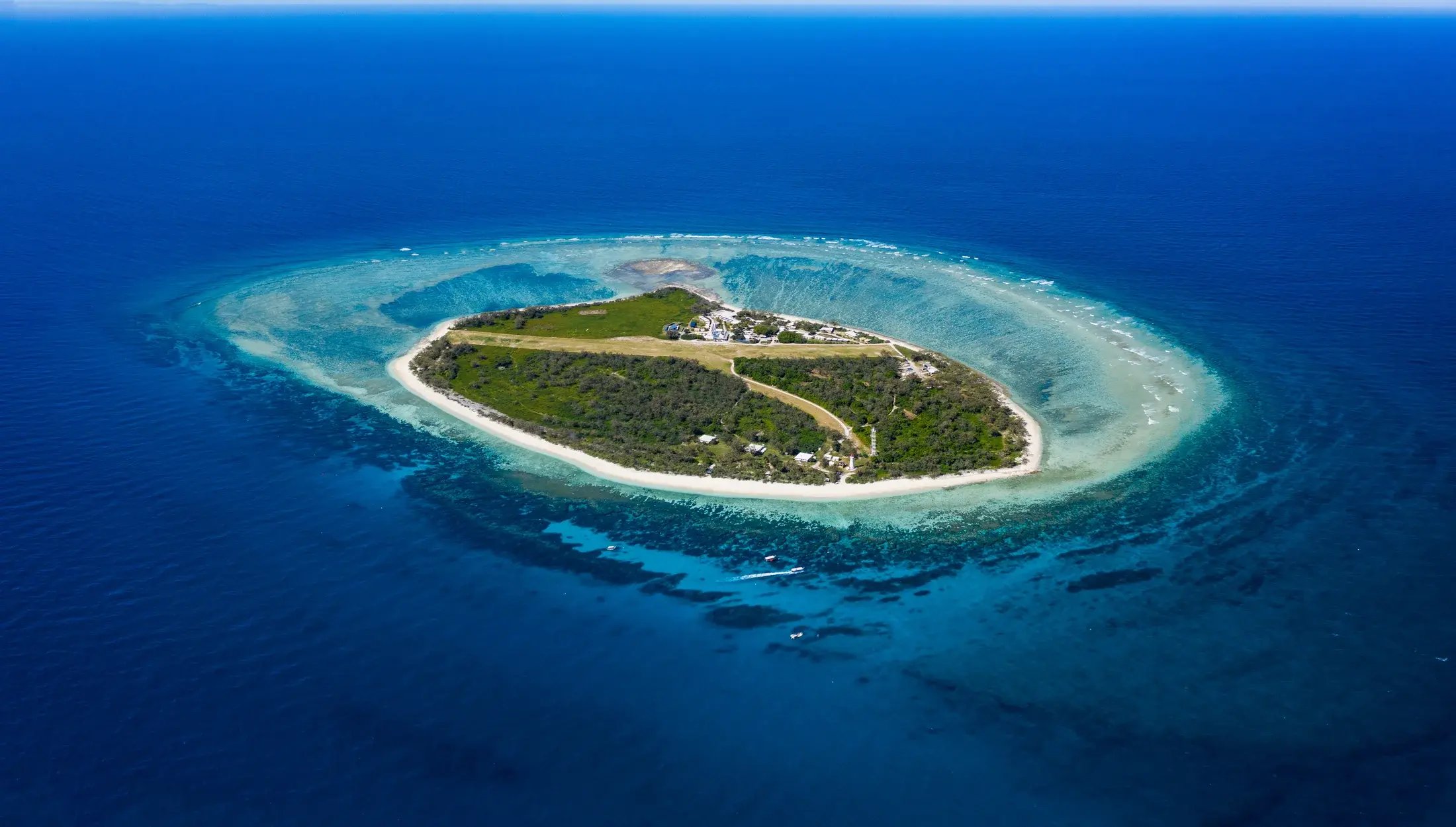 Flyfoto av Lady Elliot Island, en liten korallø omgitt av turkist rev og dypblått hav.