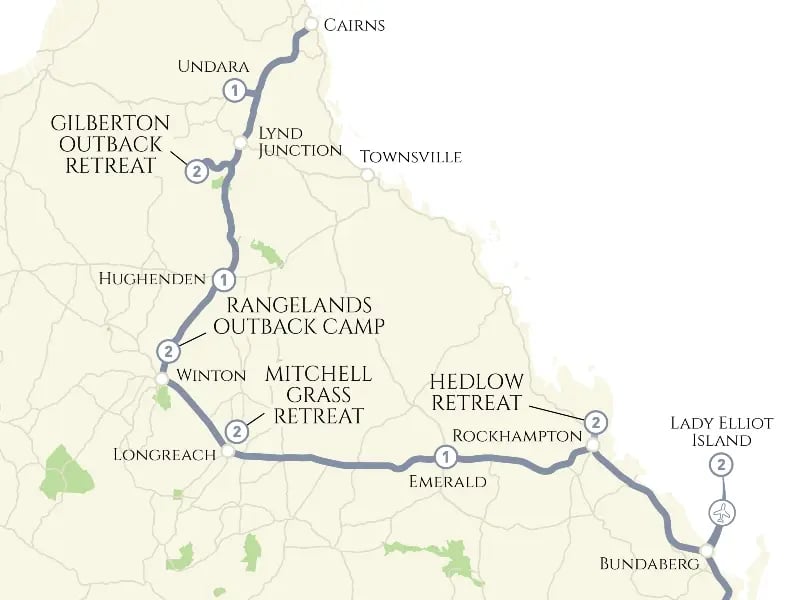 displays a map that outlines a travel route marked with a blue line passing through various points of interest. The points of interest include Gilberton Outback Retreat, Rangelands Outback Camp, Winton Mitchell Grass Retreat, Longreach, H Hedlow Retreat, and several others.