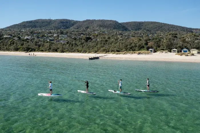 4 personer på Stand up paddle board utenfor en strand.