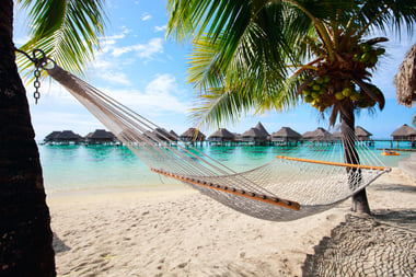 En hengekøye mellom palme og overwater bungalow i bakgrunn.