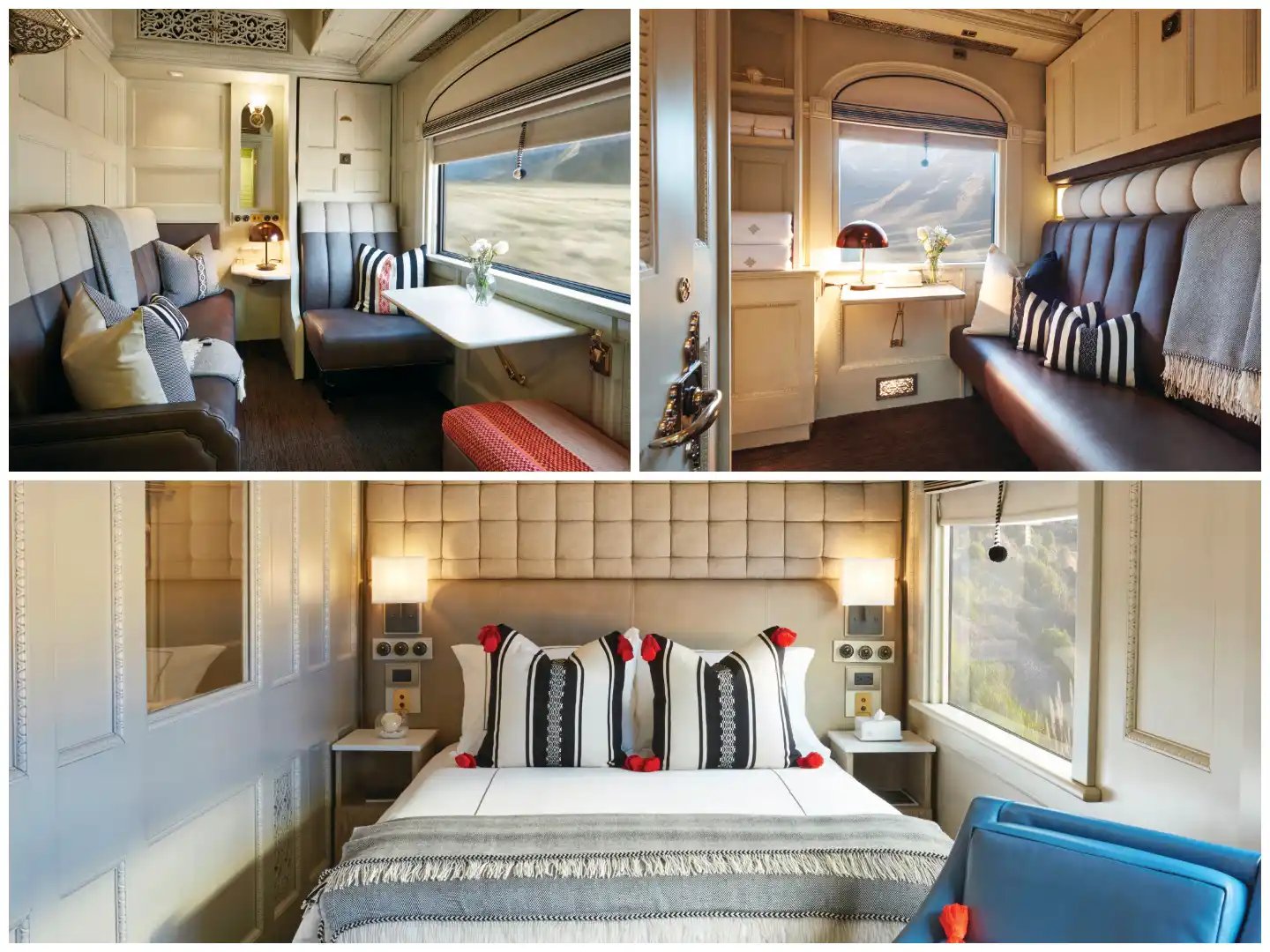 a luxurious train cabin with a large bed in the foreground, a comfortable seating area with a sofa and a desk, and a spacious living area with a table and chairs. The cabin has a sleek, modern design with white and dark wood accents, plush seating, and decorative pillows.