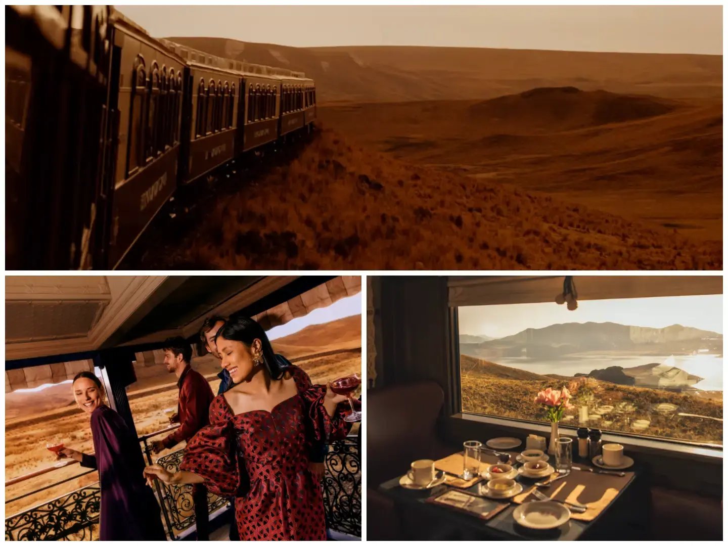 is a collage of three photographs, each depicting a different scene with a warm color palette and a desert landscape in the background.