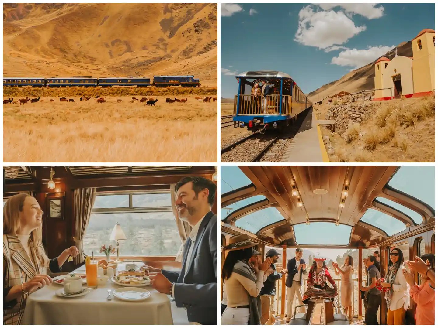 a collage of four photographs showcasing a luxurious train journey.