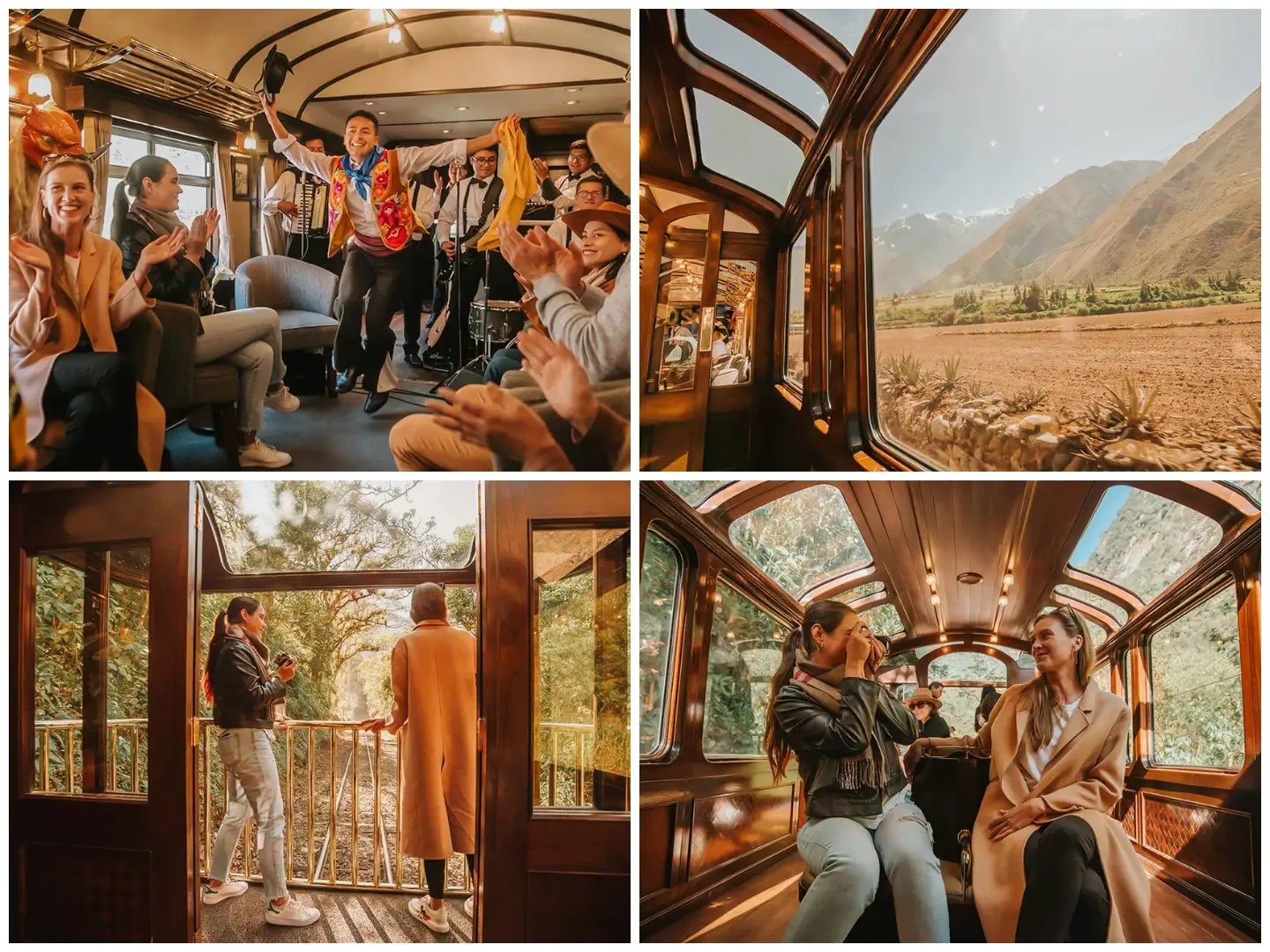 collage of four photos showing passengers in a train car, likely in a mountainous or high-altitude area given the scenic views visible through the windows. The passengers are dressed in casual and warm-weather clothing, suggesting a comfortable and leisurely atmosphere.