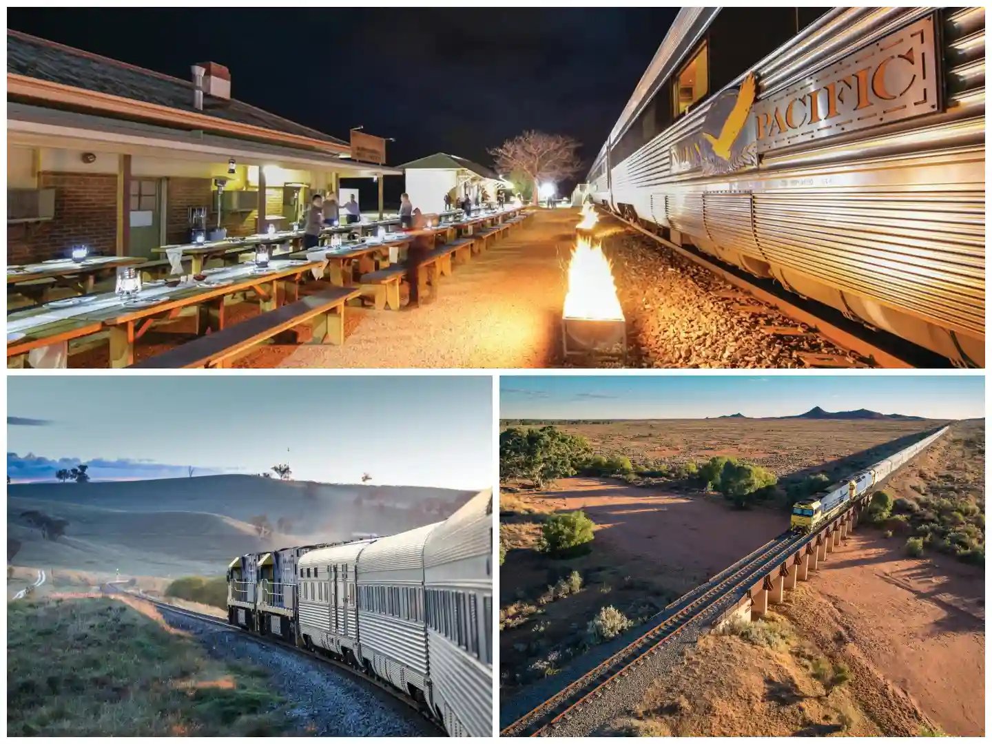 an outdoor dining area with wooden tables and benches. The setting is at night with artificial lighting. The middle photo depicts a train traveling through a desert landscape with hills in the background during the day. The bottom photo is an aerial view of a train traveling through a landscape