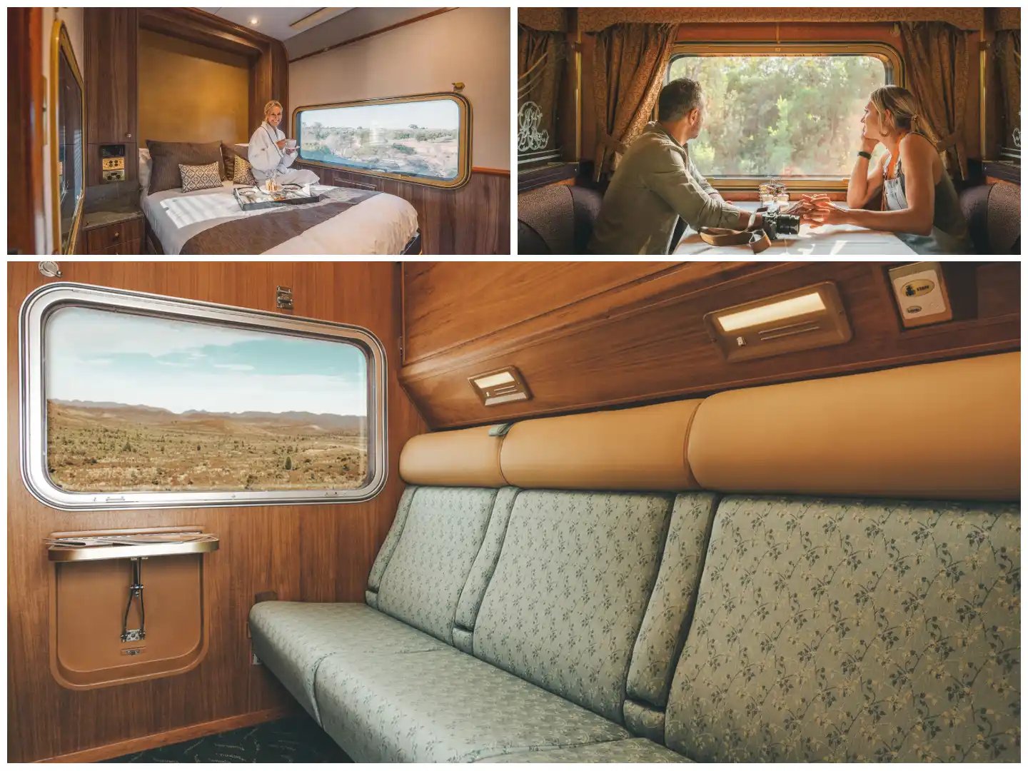 a composite of three photographs, each depicting a scene inside what appears to be a luxurious train compartment.