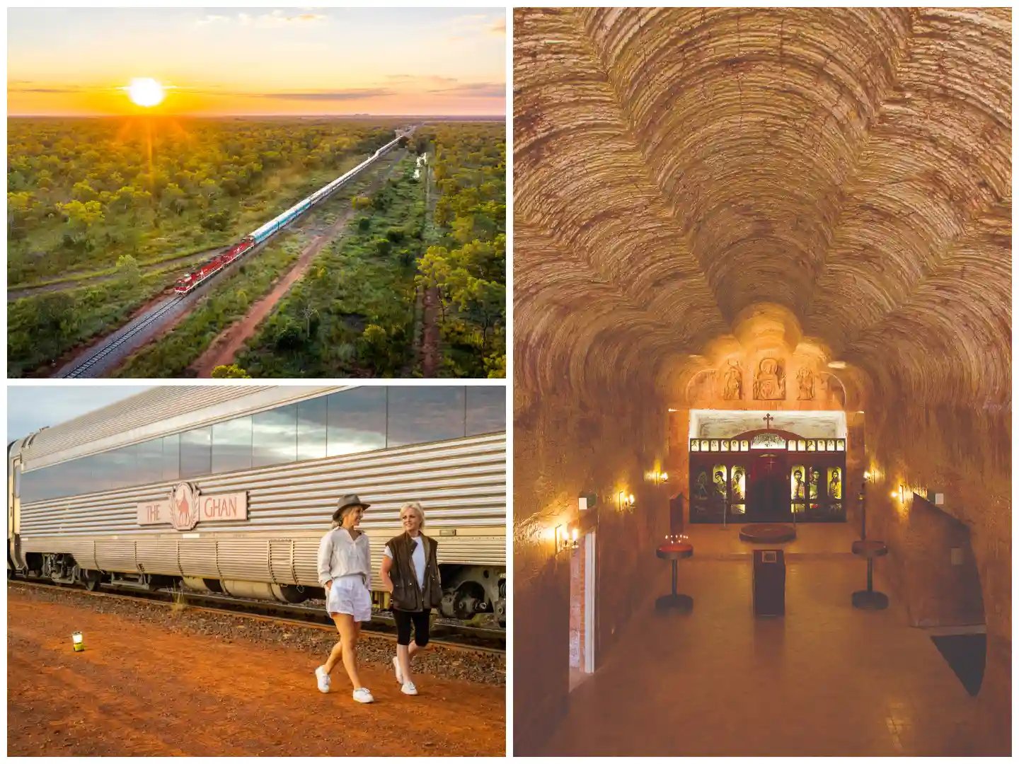 The top left photo shows a train passing through a rural area during sunset. The top right photo is a close-up of a corridor with a vaulted ceiling and hanging lights. The bottom photo features a person walking beside a train on tracks with a small structure in the background.