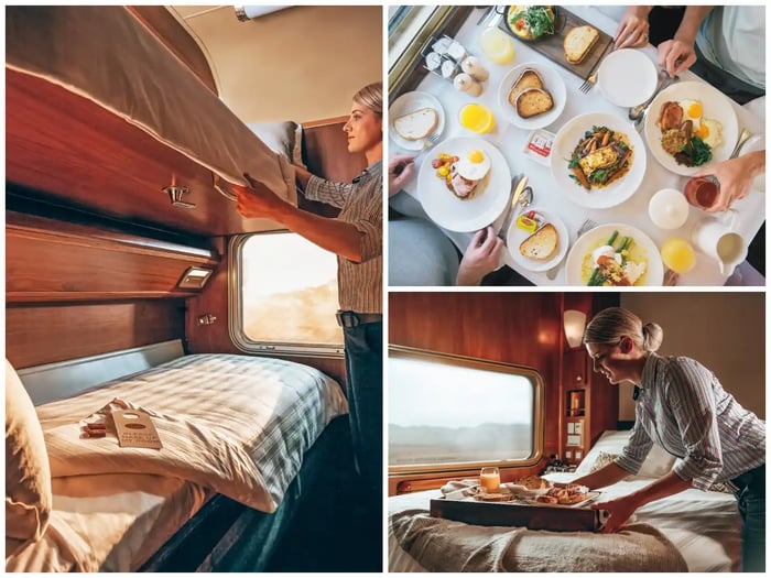 of three scenes showing the interior of a train car. In the top left, a person is adjusting the bedding on a bed. In the top right, a dining table is set with a variety of food and drinks. In the bottom right, a person is arranging a meal on a tray by the window.