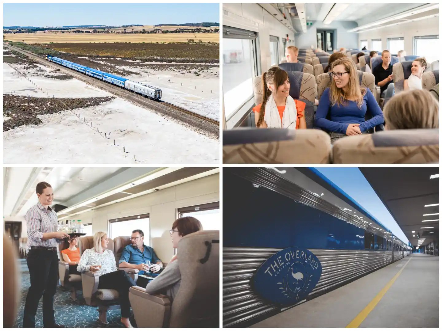 a collage of four photographs showcasing various scenes from a train journey.