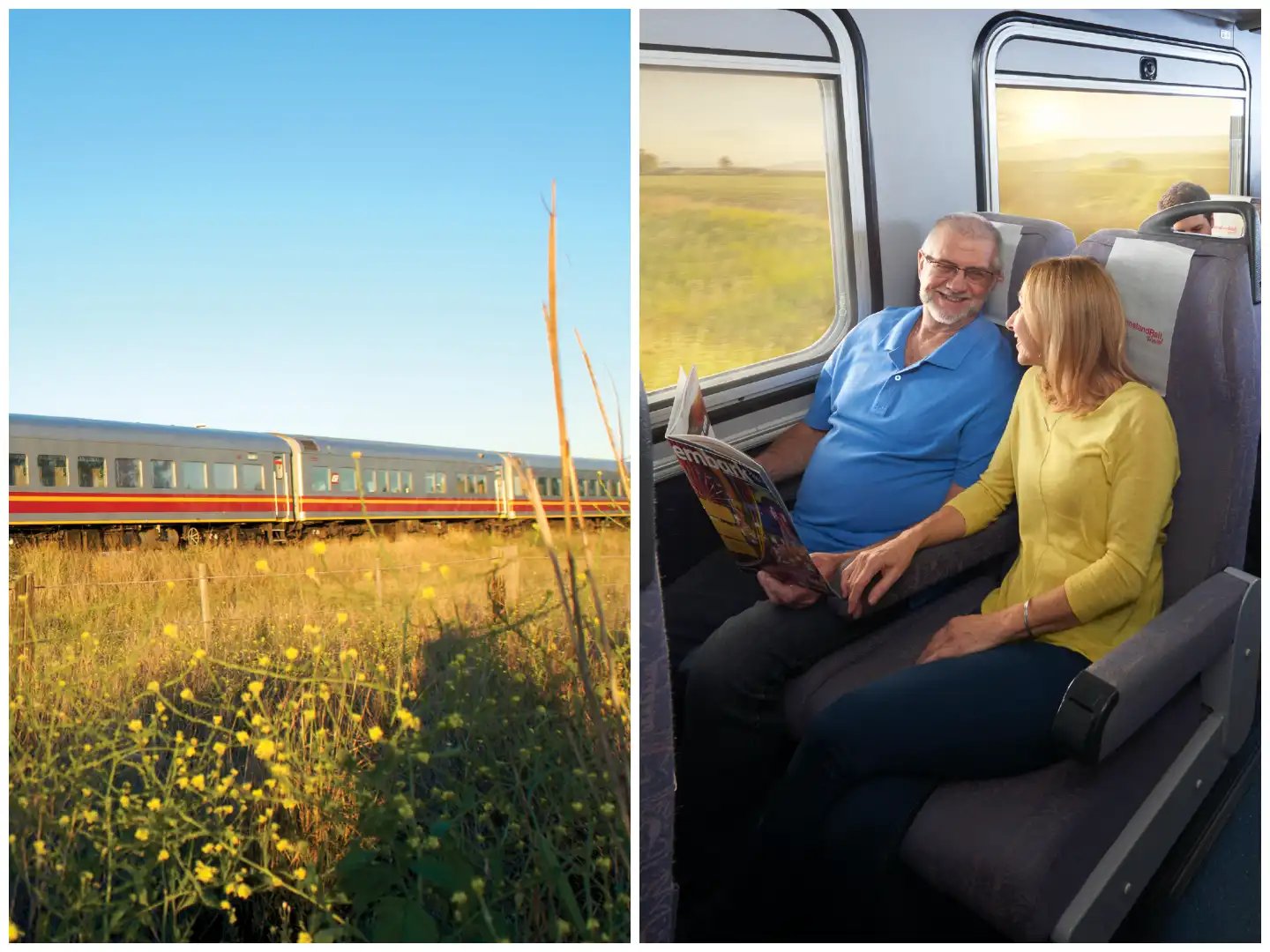 a collage of twophotographs showcasing different aspects of train travel onboard the inlander.