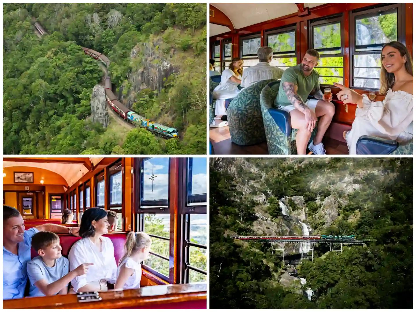 a collage of four photographs showcasing different aspects of train travel onboard kuranda scenic railway.