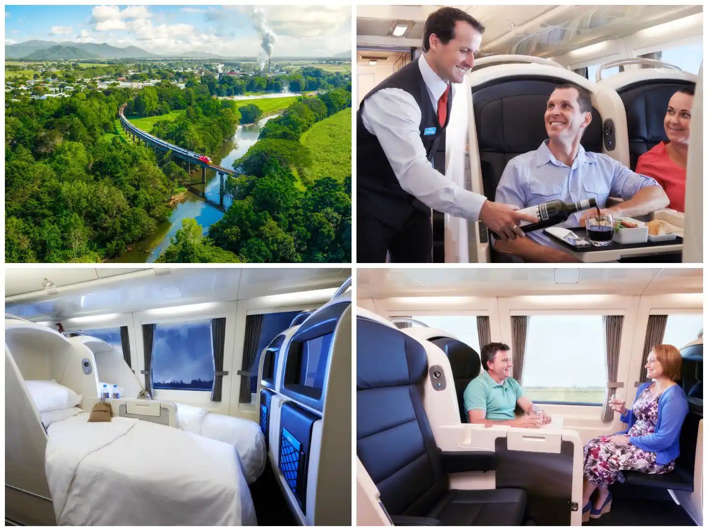 a collage of four photographs showcasing different aspects of train travel on board Spirit of Queensland.