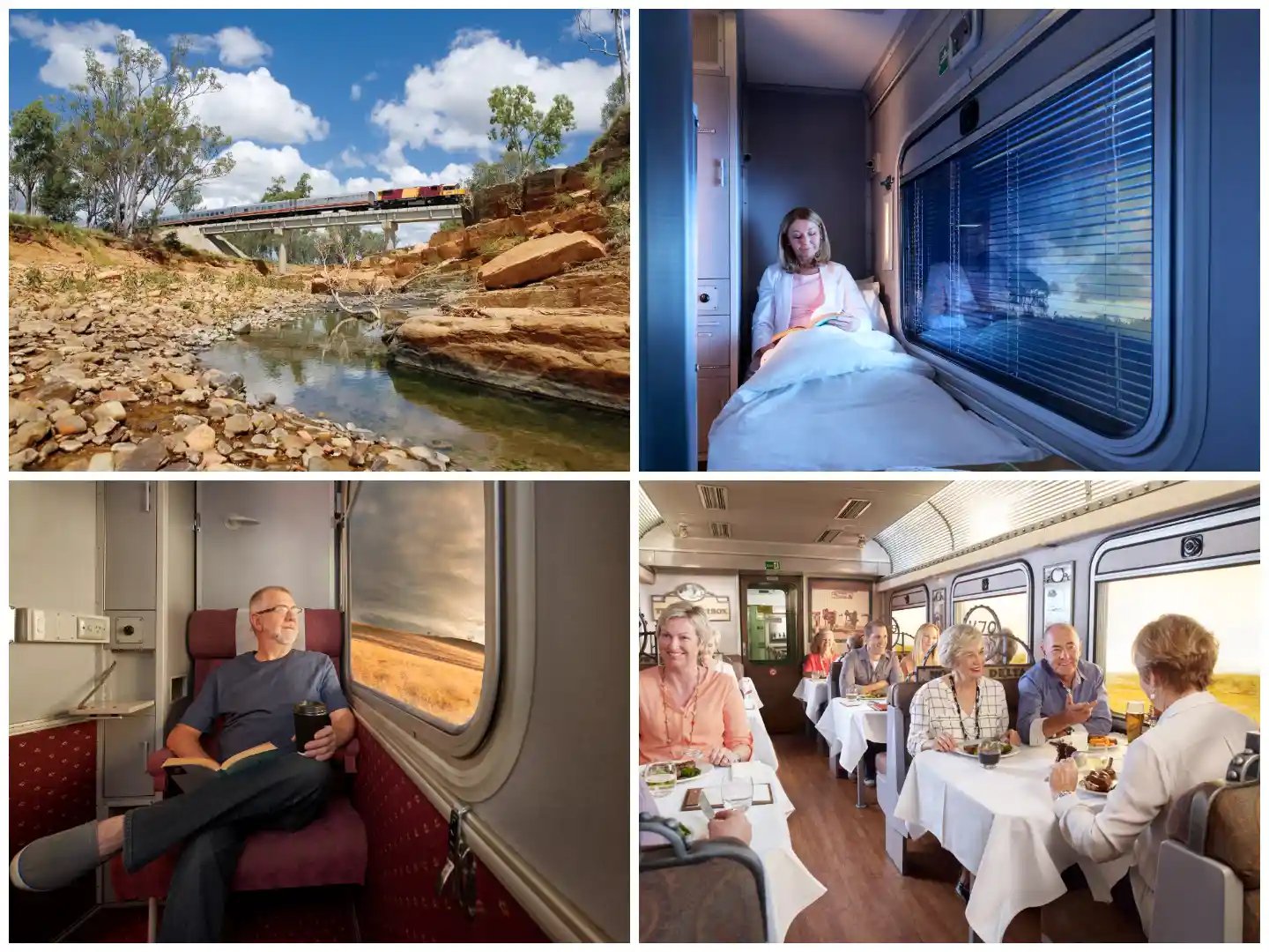 a collage of four photographs depicting different aspects of a train journey onboard spirit of the outback.