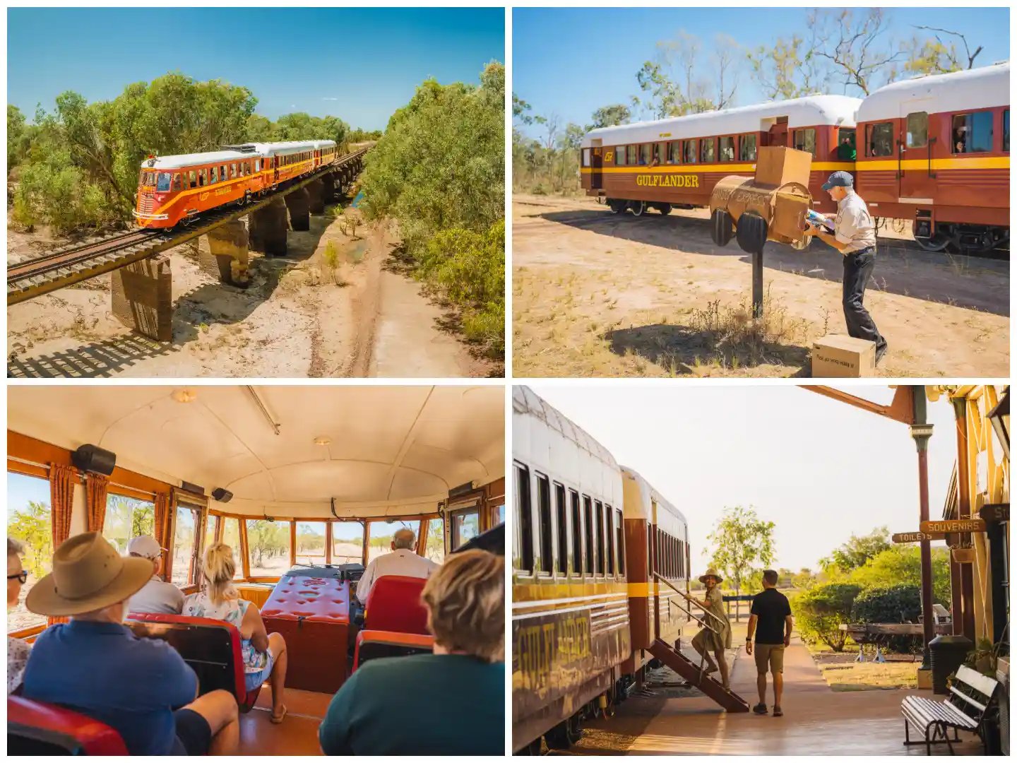 a collage of four photos showcasing a vintage train's journey and experiences.
