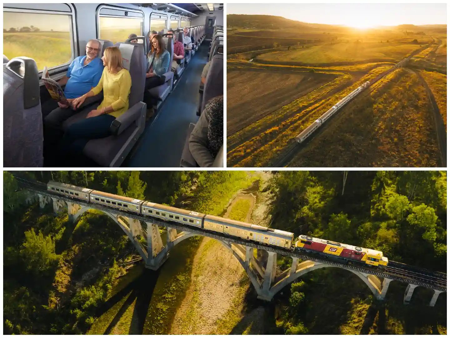 a collage of three photographs showcasing different aspects of train travel onboard the westlander.