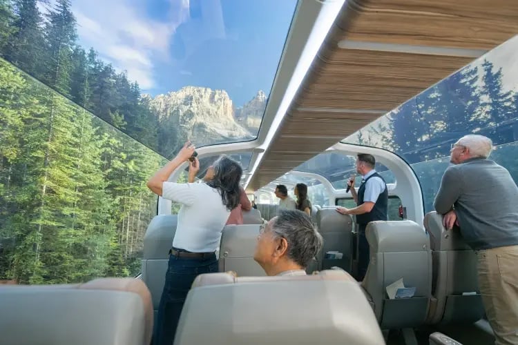 on a train with a panoramic view of a forested mountain area outside the window. The passengers are looking out the window, and one person is standing by the window, taking a photo.
