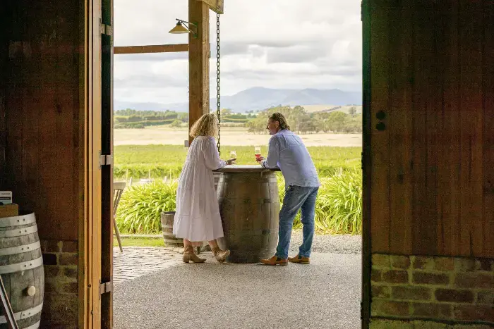 Et par som nyet er glass vin over en vintønne, med vinranker i bakgrunn.