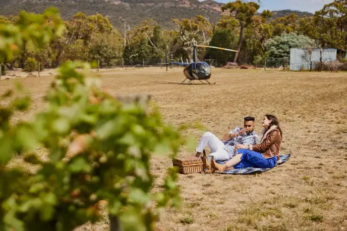 Et par som har piknik i vinåkeren med et helikopter i bakgrunn. Et par som har piknik i vinåkeren med et helikopter i bakgrunn.